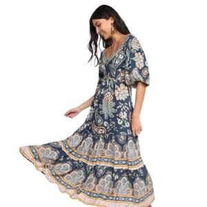 FARM RIO Maxi Dress Sz Large 3/4 Puff Sleeve Smocked Scoop Neck Tiered Blues